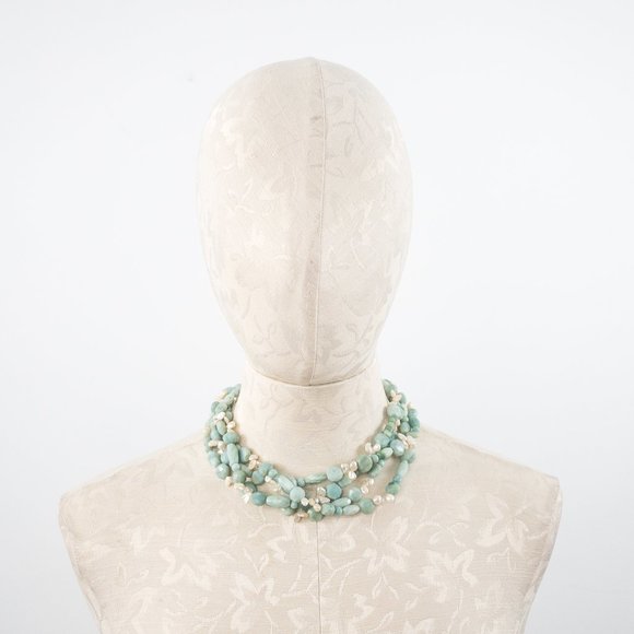 Real Amazonite Quartz & Pearl Multi-strand Necklace  Choker Green Blue Turquoise - Picture 6 of 6